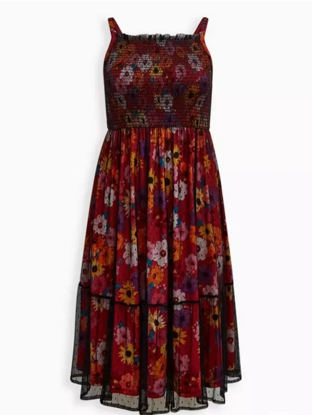 Torrid Smocked Tiered Midi Dress - Swiss Dot Mesh Floral Red 1X - Picture 2 of 11